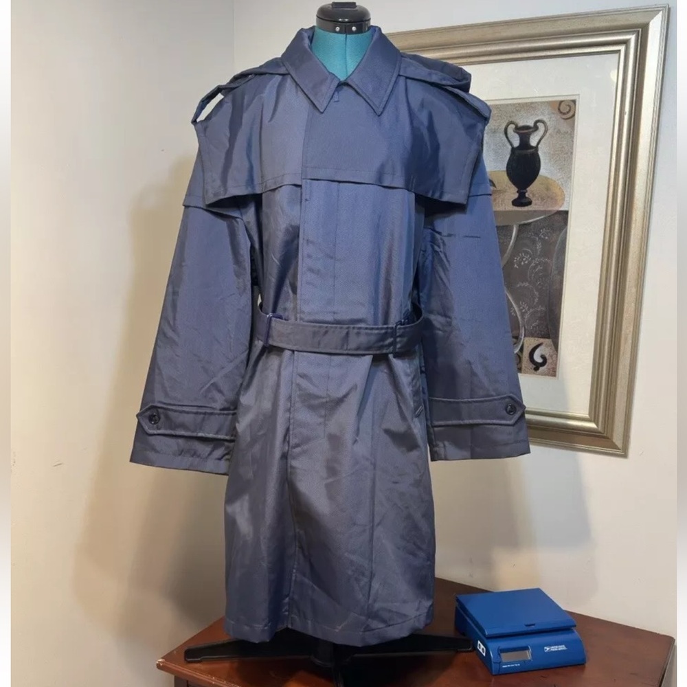 Vintage VASLUI Navy Blue Belted Pockets Hooded Trench Coat Size 58 Romania